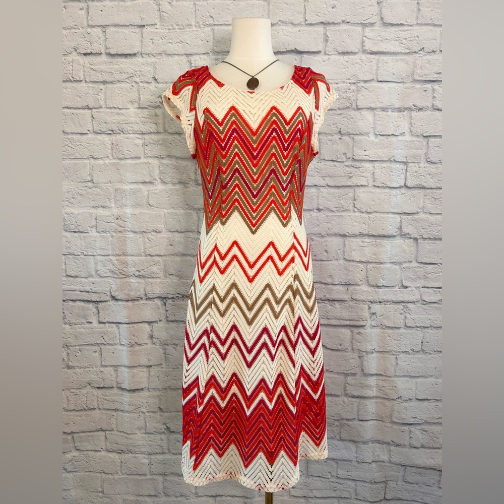 Sharagano Crochet Midi Dress Chevron Red Cream Italy Coastal Travel Vacay Boho - Picture 8 of 15